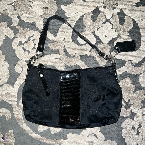 COACH DEMI BLACK SIGNATURE SATEEN
SEQUINED STRIPE HOBO HANDBAG - Picture 4 of 6